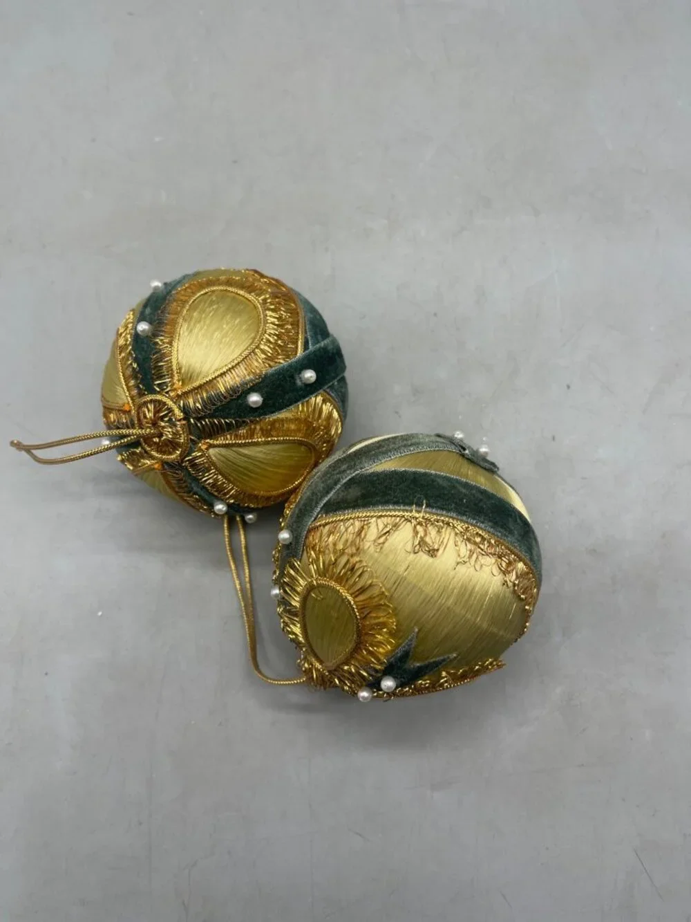 vintage set of 2 silk Christmas ornament gold green ribbon embellished felt READ